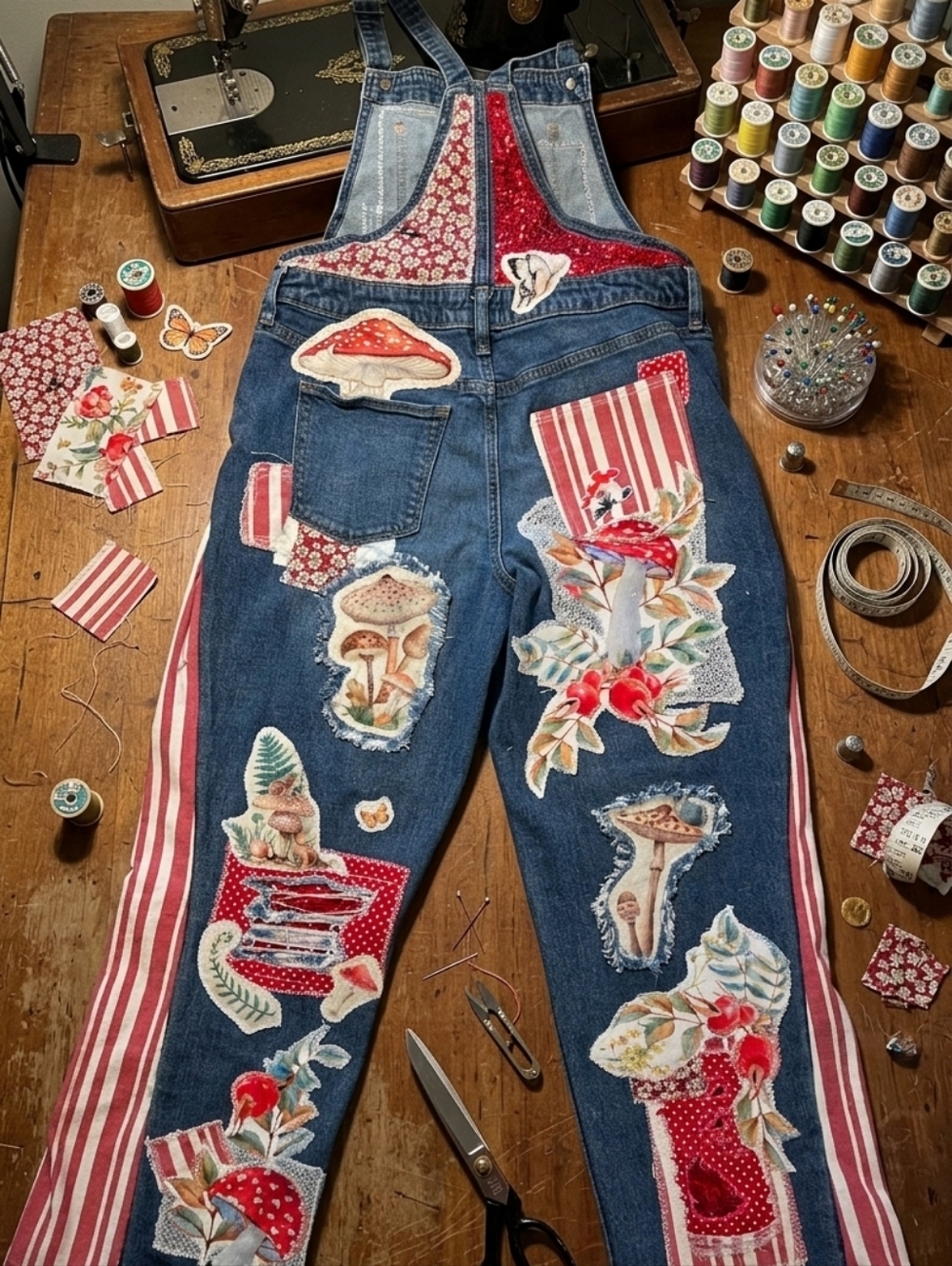 Patchwork Blue Denim Overalls Mushroom Motif Patchwork & A Bit Of Sequin 8/29 - Picture 4 of 14